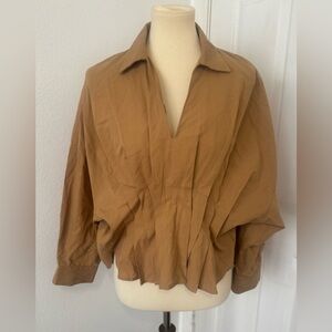 PINCH Camel Tan Long Sleeve Top Dolman Sleeves Pintuck Pleat Waist Oversized Sm